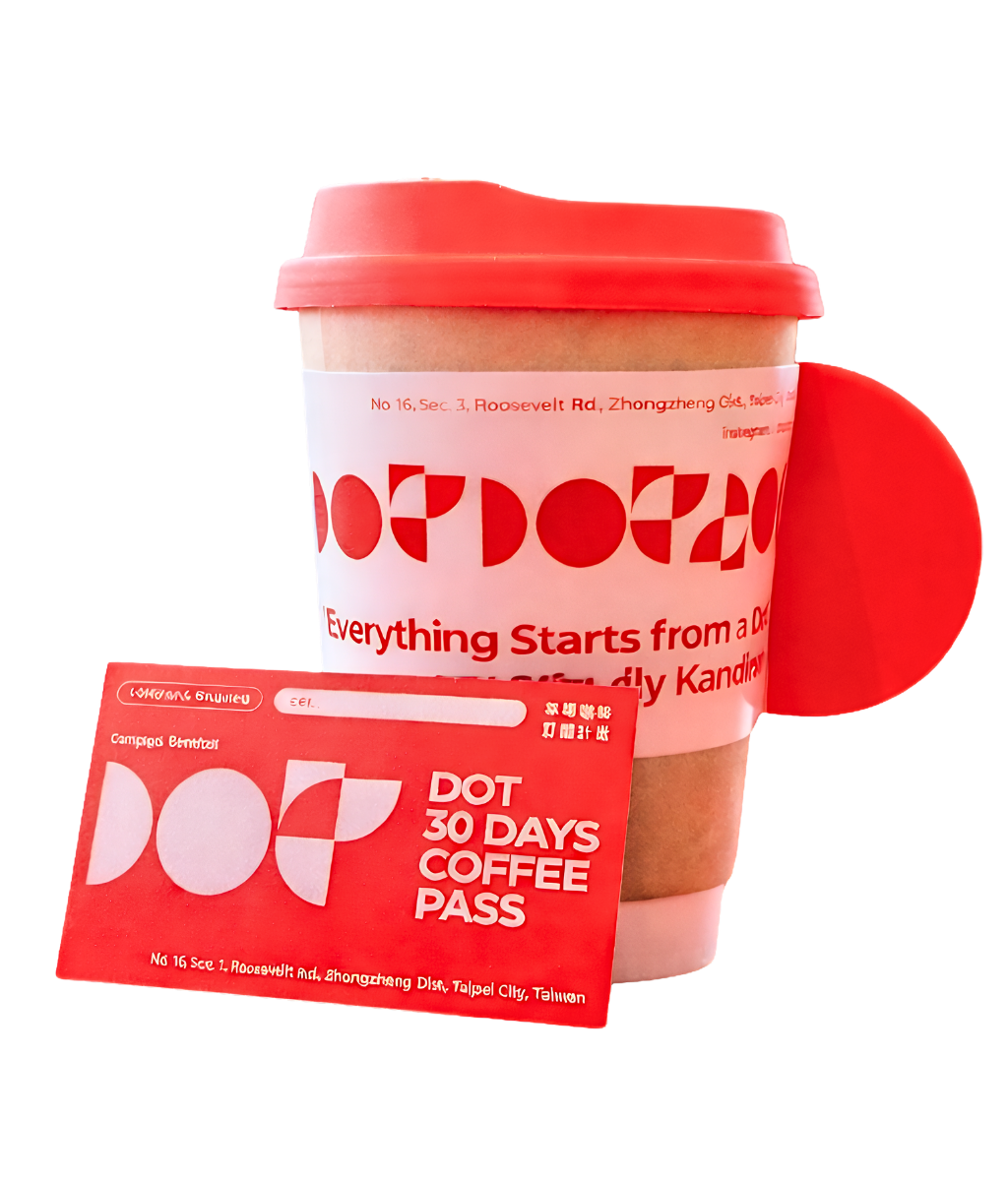 外帶咖啡訂閱商品示意：咖啡杯與 DOT 30 天訂閱卡
